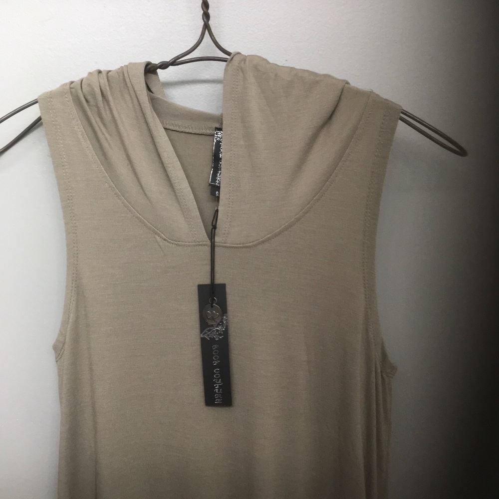 Poof couture. green hooded, sleeveless jumpsuit.